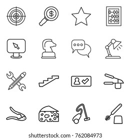 Thin line icon set : target, dollar magnifier, star, abacus, monitor arrow, chess horse, discussion, table lamp, pencil wrench, stairs, check in, garlic clasp, walnut crack, cheese, vacuum cleaner