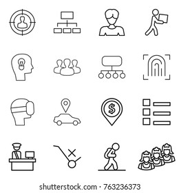 Thin line icon set : target audience, hierarchy, woman, courier, bulb head, group, structure, fingerprint, virtual mask, car pointer, dollar pin, list, customs control, do not trolley sign, tourist