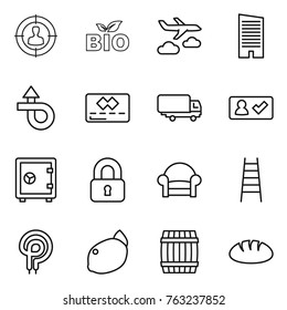 Thin line icon set : target audience, bio, journey, skyscraper, trip, credit card, shipping, check in, safe, locked, armchair, stairs, elecric oven, lemon, barrel, bread