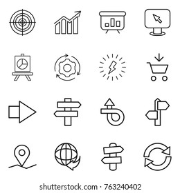 Thin line icon set : target, diagram, presentation, monitor arrow, around gear, lightning, add to cart, right, singlepost, trip, signpost, geo pin, delivery, reload