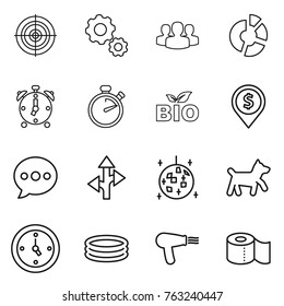 Thin line icon set : target, gear, group, circle diagram, alarm clock, stopwatch, bio, dollar pin, balloon, route, disco ball, dog, watch, inflatable pool, hair dryer, toilet paper
