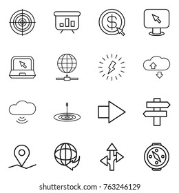 Thin line icon set : target, presentation, dollar arrow, monitor, notebook, globe connect, lightning, cloude service, cloud wireless, right, singlepost, geo pin, delivery, route, compass