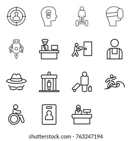 Thin line icon set : target audience, bulb head, hoverboard, virtual mask, jet robot, customs control, courier delivery, workman, confidential, detector, passenger, surfer, invalid, identity card