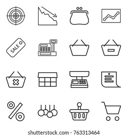 Thin line icon set : target, crisis, purse, statistics, sale, cashbox, basket, remove from, delete cart, market, scales, shopping list, percent