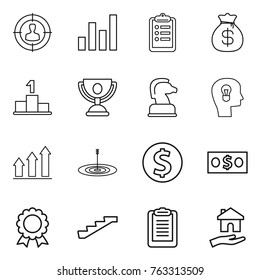 Thin line icon set : target audience, graph, clipboard, money bag, pedestal, trophy, chess horse, bulb head, up, dollar coin, medal, stairs, housing