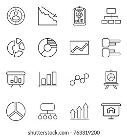 Thin line icon set : target audience, crisis, report, hierarchy, circle diagram, statistics, presentation, graph, structure, up
