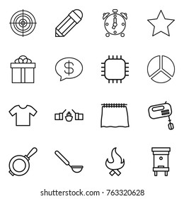 Thin line icon set : target, pencil, alarm clock, star, gift, money message, chip, diagram, t shirt, drawbridge, curtain, mixer, pan, ladle, fire, hive