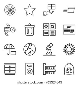 Thin line icon set : target, star, gift, delivery, satellite, bin, calculator, invoice, insurance, earth, tourist, sun, chest of drawers, speaker, watering, garbage bag