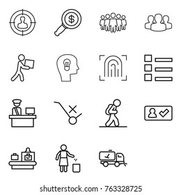 Thin line icon set : target audience, dollar magnifier, team, group, courier, bulb head, fingerprint, list, customs control, do not trolley sign, tourist, check in, baggage checking, garbage bin