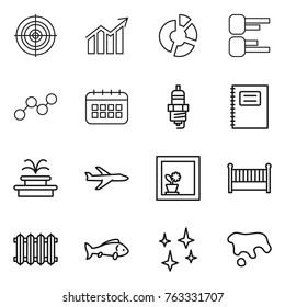 Thin line icon set : target, diagram, circle, graph, calendar, spark plug, copybook, fountain, plane, flower in window, crib, radiator, fish, shining, spot