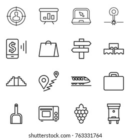 Thin line icon set : target audience, presentation, notebook, laser, mobile pay, shopping bag, singlepost, block wall, pyramid, route, train, suitcase, scoop, grill oven, grape, hive