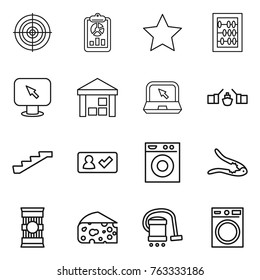 Thin line icon set : target, report, star, abacus, monitor arrow, warehouse, notebook, drawbridge, stairs, check in, washing machine, walnut crack, pasta, cheese, vacuum cleaner