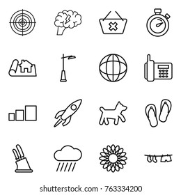 Thin line icon set : target, brain, delete cart, stopwatch, project, outdoor light, globe, phone, sorting, rocket, dog, flip flops, knife holder, rain cloud, flower, drying clothe