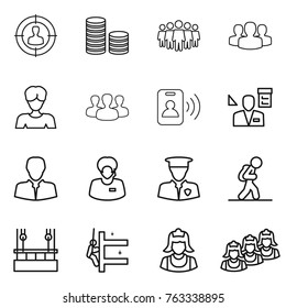 Thin line icon set : target audience, coin stack, team, group, woman, pass card, architector, client, support manager, security man, tourist, skysrcapers cleaning, skyscrapers, cleaner, outsource