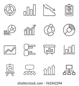 Thin line icon set : target audience, graph, crisis, report, diagram, circle, statistics, presentation, structure, up, hierarchy
