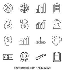 Thin line icon set : target audience, graph, clipboard, money bag, gift, diagram, chess horse, bulb head, up, puzzle, medal, stairs