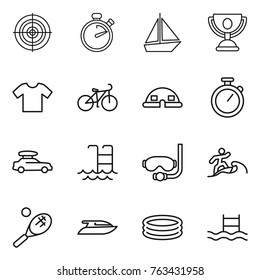 Thin line icon set : target, stopwatch, boat, trophy, t shirt, bike, dome house, car baggage, pool, diving mask, surfer, tennis, yacht, inflatable