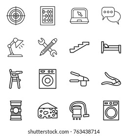 Thin line icon set : target, abacus, notebook, discussion, table lamp, pencil wrench, stairs, bed, Chair for babies, washing machine, garlic clasp, walnut crack, pasta, cheese, vacuum cleaner