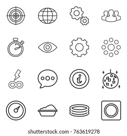 Thin line icon set : target, globe, gear, group, stopwatch, eye, round around, infinity power, balloon, info, disco ball, barometer, washing, inflatable pool, ring button