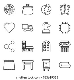 Thin line icon set : target, purse, circle diagram, alarm clock, heart, truck, chess horse, chip, molecule, mansion, arch window, antique column, curtain, stool, hive, towel