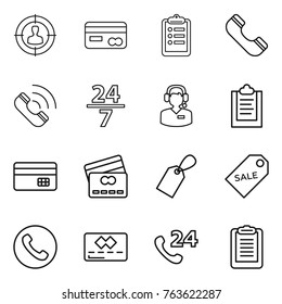Thin line icon set : target audience, card, clipboard, phone, call, 24 7, center, credit, label, sale