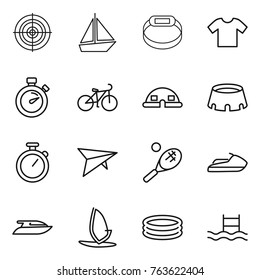 Thin line icon set : target, boat, smart bracelet, t shirt, stopwatch, bike, dome house, stadium, deltaplane, tennis, jet ski, yacht, windsurfing, inflatable pool