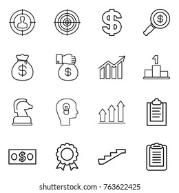 Thin line icon set : target audience, dollar, magnifier, money bag, gift, diagram, pedestal, chess horse, bulb head, graph up, clipboard, medal, stairs