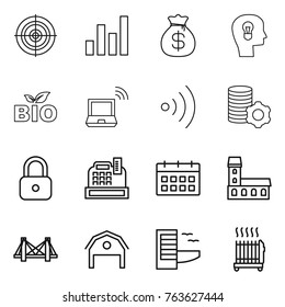 Thin line icon set : target, graph, money bag, bulb head, bio, notebook wireless, virtual mining, lock, cashbox, calendar, mansion, bridge, barn, hotel, radiator