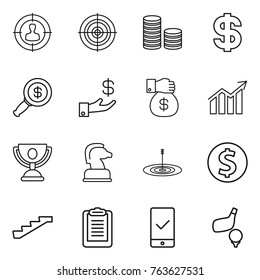 Thin line icon set : target audience, coin stack, dollar, magnifier, investment, money gift, diagram, trophy, chess horse, stairs, clipboard, mobile checking, golf