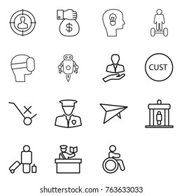 Thin line icon set : target audience, money gift, bulb head, hoverboard, virtual mask, jet robot, client, customs, do not trolley sign, security man, deltaplane, detector, passenger, inspector