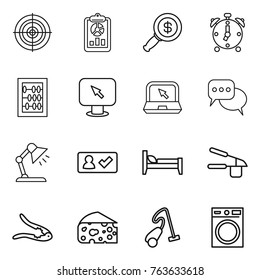 Thin line icon set : target, report, dollar magnifier, alarm clock, abacus, monitor arrow, notebook, discussion, table lamp, check in, bed, garlic clasp, walnut crack, cheese, vacuum cleaner