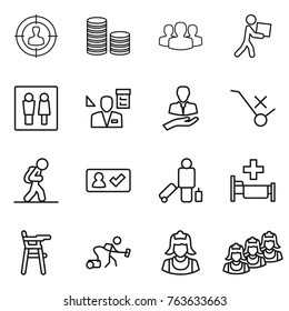 Thin line icon set : target audience, coin stack, group, courier, wc, architector, client, do not trolley sign, tourist, check in, passenger, hospital, Chair for babies, vacuum cleaner, outsource
