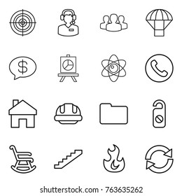 Thin line icon set : target, call center, group, parachute, money message, presentation, atom, phone, home, building helmet, documents, do not distrub, rocking chair, stairs, fire, reload