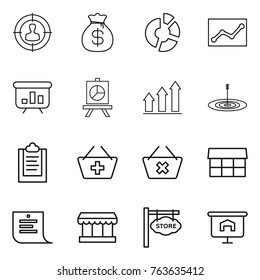 Thin line icon set : target audience, money bag, circle diagram, statistics, presentation, graph up, clipboard, add to basket, delete cart, market, shopping list, store signboard
