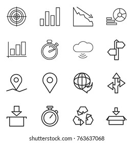 Thin line icon set : target, graph, crisis, diagram, stopwatch, cloud wireless, signpost, geo pin, delivery, route, package, recycling