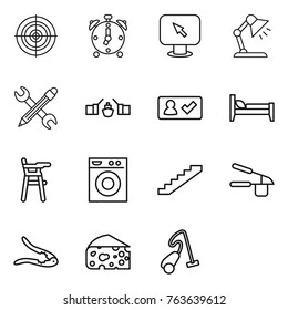 Thin line icon set : target, alarm clock, monitor arrow, table lamp, pencil wrench, drawbridge, check in, bed, Chair for babies, washing machine, stairs, garlic clasp, walnut crack, cheese
