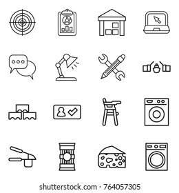 Thin line icon set : target, report, warehouse, notebook, discussion, table lamp, pencil wrench, drawbridge, block wall, check in, Chair for babies, washing machine, garlic clasp, pasta, cheese