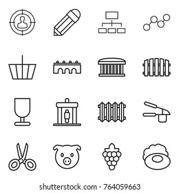 Thin line icon set : target audience, pencil, hierarchy, graph, basket, bridge, airport building, fence, fragile, detector, radiator, garlic clasp, scissors, pig, grape, soap