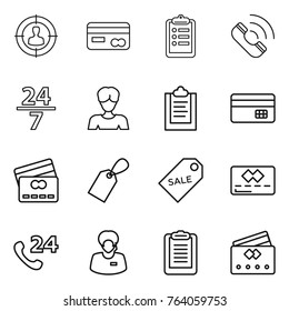Thin line icon set : target audience, card, clipboard, call, 24 7, woman, credit, label, sale, phone, support manager