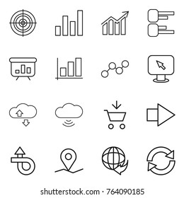 Thin line icon set : target, graph, diagram, presentation, monitor arrow, cloude service, cloud wireless, add to cart, right, trip, geo pin, delivery, reload