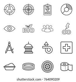 Thin line icon set : target audience, report, circle diagram, eye, bio, group, infinity power, draw compass, goverment house, trip, first aid, washing, inflatable pool, wheel, toilet paper