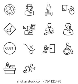 Thin line icon set : target audience, call center, hoverboard, hand coin, under construction, architector, client, support manager, customs, do not trolley sign, courier delivery, invalid, reception