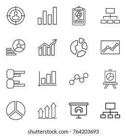 Thin line icon set : target audience, graph, report, hierarchy, diagram, circle, statistics, presentation, up