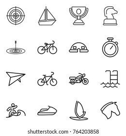 Thin line icon set : target, boat, trophy, chess horse, bike, dome house, stopwatch, deltaplane, motorcycle, pool, surfer, jet ski, windsurfing