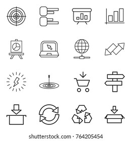 Thin line icon set : target, diagram, presentation, graph, notebook, globe connect, up down arrow, lightning, add to cart, singlepost, package, reload, recycling