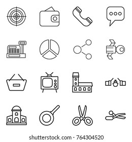 Thin line icon set : target, wallet, phone, message, cashbox, diagram, molecule, satellite, remove from basket, tv, mansion, drawbridge, pan, scissors
