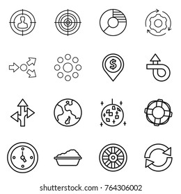 Thin Line Icon Set : Target Audience, Circle Diagram, Around Gear, Core Splitting, Round, Dollar Pin, Trip, Route, Earth, Disco Ball, Lifebuoy, Watch, Washing, Wheel, Reload