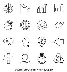 Thin line icon set : target, crisis, diagram, graph, stopwatch, dollar arrow, around gear, up down, cloude service, add to cart, pin, left, singlepost, geo, recycling