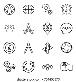 Thin line icon set : target audience, globe, gear, alarm clock, group, spinner, dollar pin, balloon, info, drawing compasses, route, lifebuoy, gears, reload, hard reach place cleaning, toilet paper