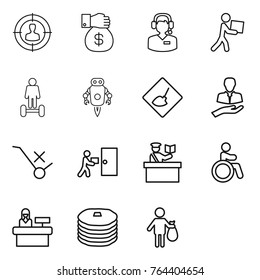 Thin line icon set : target audience, money gift, call center, courier, hoverboard, jet robot, under construction, client, do not trolley sign, delivery, inspector, invalid, reception, pancakes